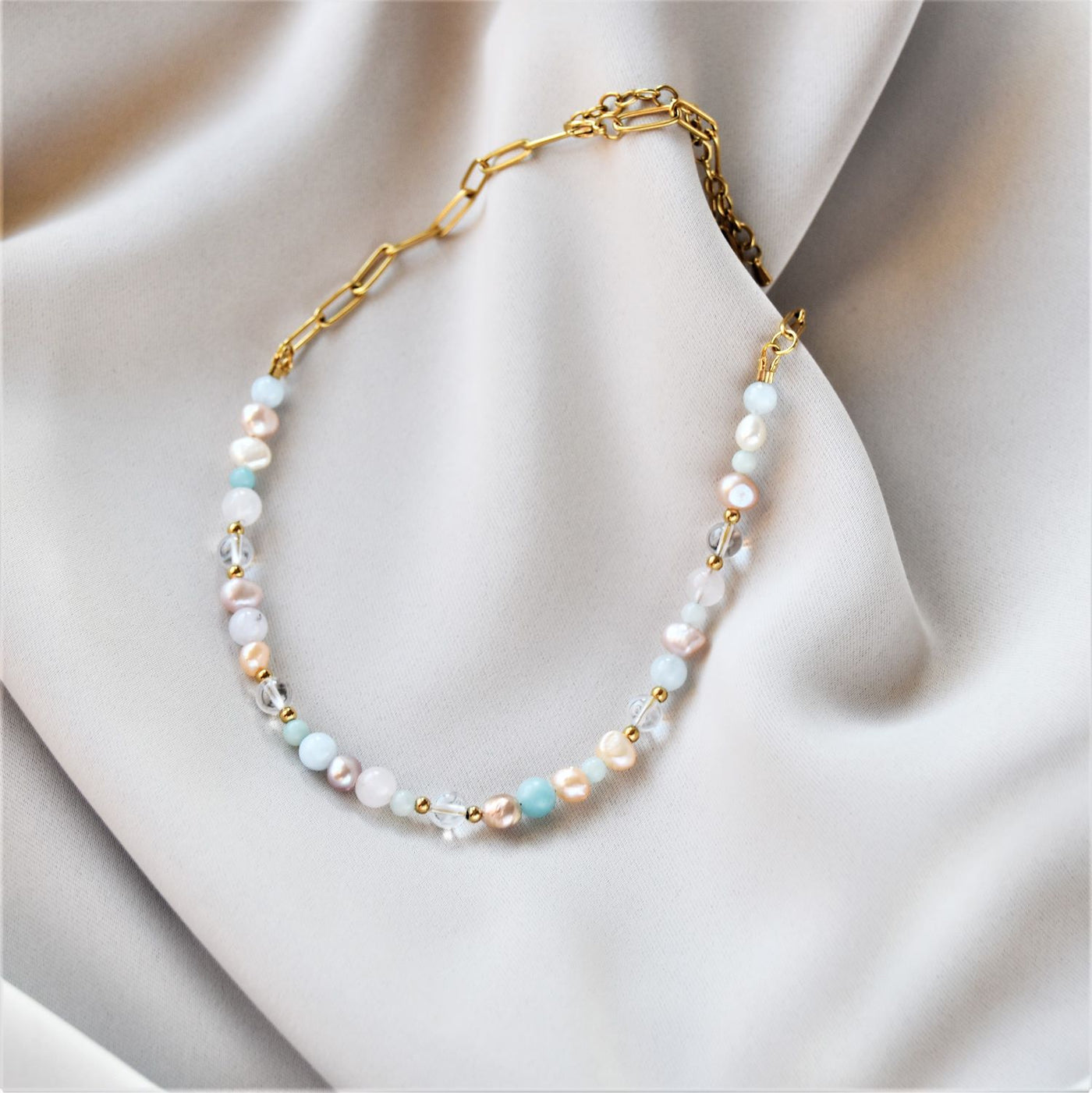 Pastel necklace with freshwater pearls and gemstones