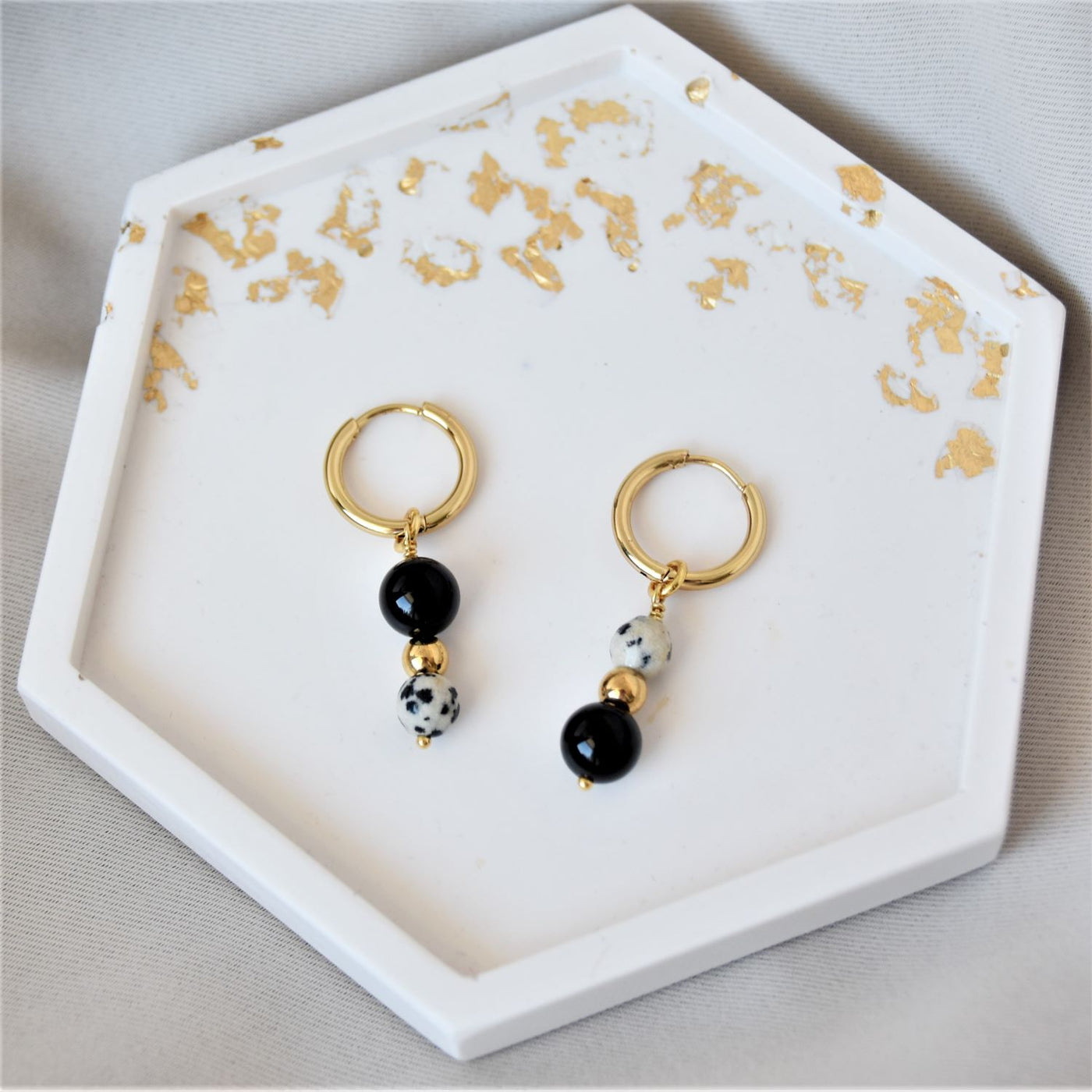 Dalmation jasper and black agate earrings